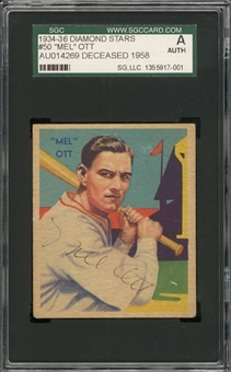 1934-36 Diamond Stars #50 Mel Ott Signed Card – SGC Authentic